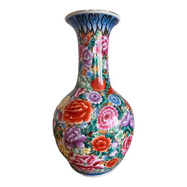 Vintage Chinese Famille Rose Style Hand-Painted Porcelain Vase With Gilt, 13" For Sale