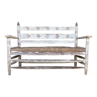 1950s Vintage Mexican Folk Art Hand-Made Painted White Rush Bench For Sale