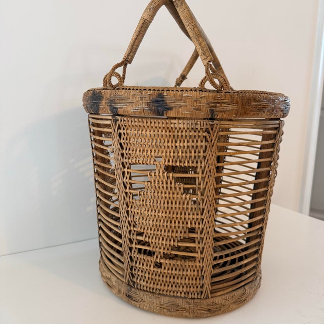 Vintage Handwoven Rattan Basket With Double Handles and Geometric Weave For Sale - Image 4 of 10