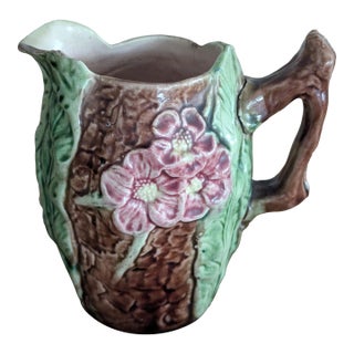 Antique French Majolica Bark & Wild Rose Pitcher, Circa 1880–1910 For Sale