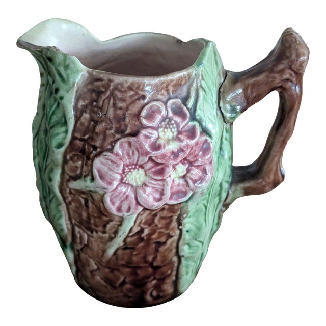 Antique French Majolica Bark & Wild Rose Pitcher, Circa 1880–1910 For Sale