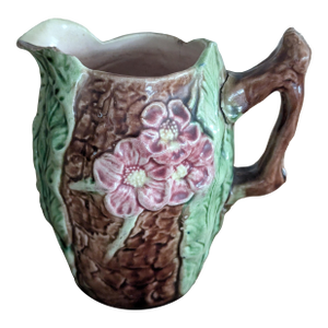Antique French Majolica Bark & Wild Rose Pitcher, Circa 1880–1910