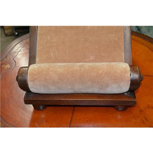 Tan Antique Victorian Dark Wood & Tan Velvet Shapely Scrolled Gout Footstool For Sale - Image 8 of 11