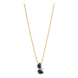 1.66ct Double Pear-Shaped Sapphire Diamond Pendant Necklace in 14k Yellow Gold For Sale