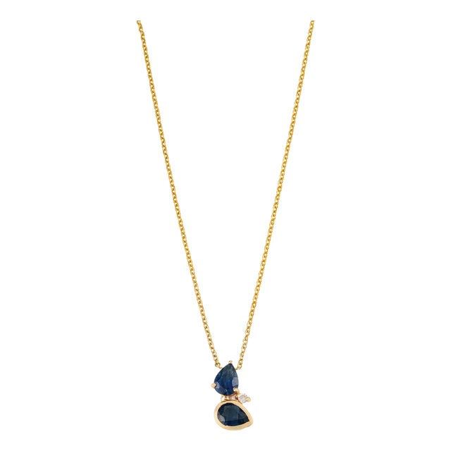 1.66ct Double Pear-Shaped Sapphire Diamond Pendant Necklace in 14k Yellow Gold For Sale