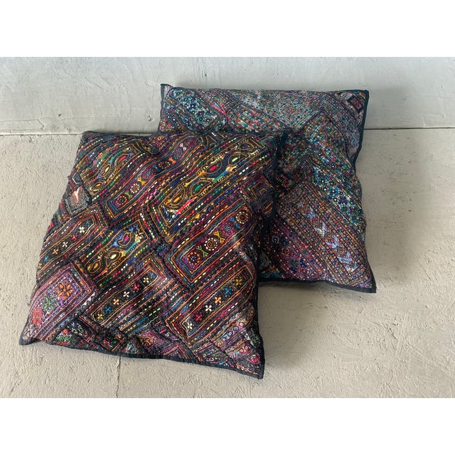 Vintage Pakistani Sindhi Patchwork Cushion Covers Set 4 Boho Tribal Embroidered For Sale - Image 4 of 12