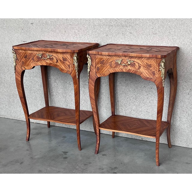 18th Century Style French Louis XV Marquetry Side Table or Nightstands, a Pair For Sale - Image 18 of 18