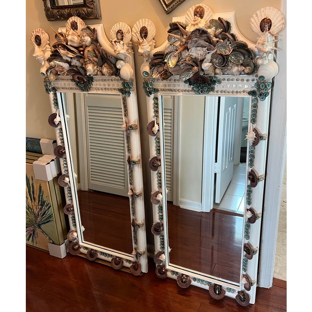 Shell Vintage 60’s Twin Faux Bamboo & Seashell Encrusted Wall Mirrors - Designed by Cheryl P. Kohloff For Sale - Image 7 of 18