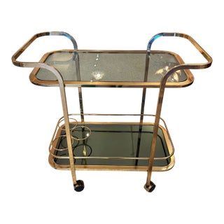Vintage Brass and Smoked Glass Rolling Bar Cart For Sale