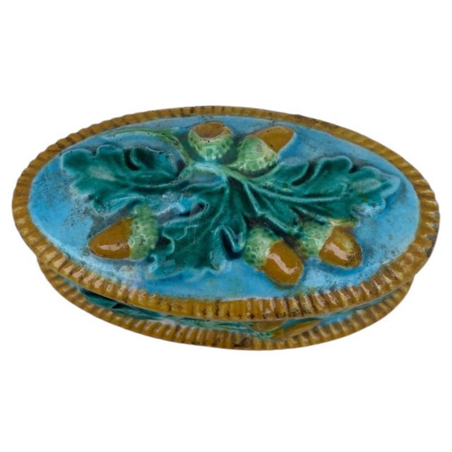 19th Century George Jones Majolica Match Box. With oak leaves and acorns. Rare color.