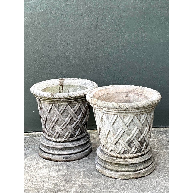 Late 20th Century Vintage Cast Concrete Trellis Planters on Pedestals - A Pair For Sale - Image 5 of 12