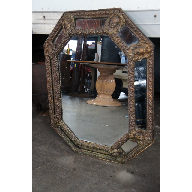 Early 20th Century Antique French Louis XIII Style Figural Repousse Brass Octagonal Wall Mirror For Sale - Image 5 of 10
