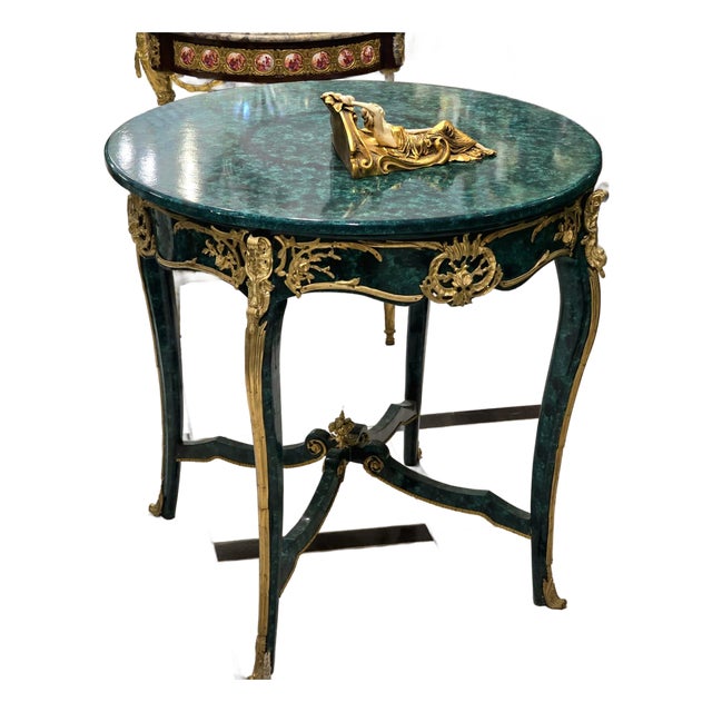 French Empire Style Center Table in Bottle Green With Gold Leaf & Bronze Mounts For Sale