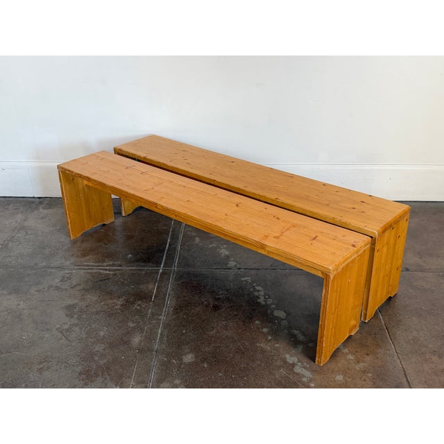 Price is for both. 1970s solid pine Charlotte Perriand bench for Les Arcs in good vintage condition. Nice patina all...