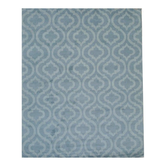 8x10 Blue Hand-Knotted Wool Latticed Quatrefoil Geometric Modern Carpet Rug For Sale