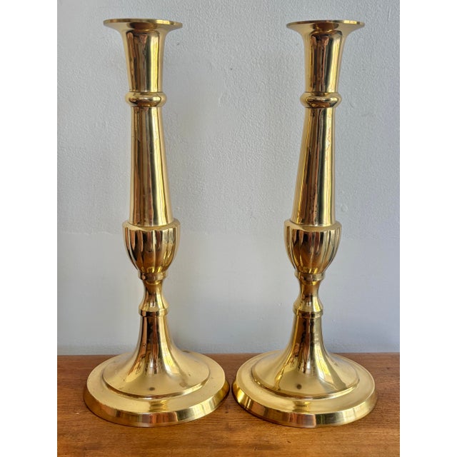 Tall Traditional Hampton Brass Candleholders, a Pair For Sale - Image 6 of 6