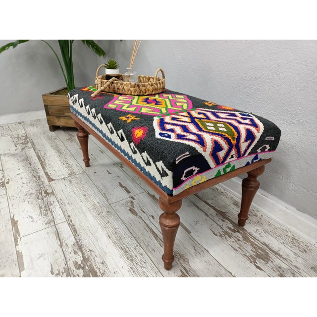 Wood Handmade Regency Kilim Upholstered Bench For Sale - Image 7 of 10