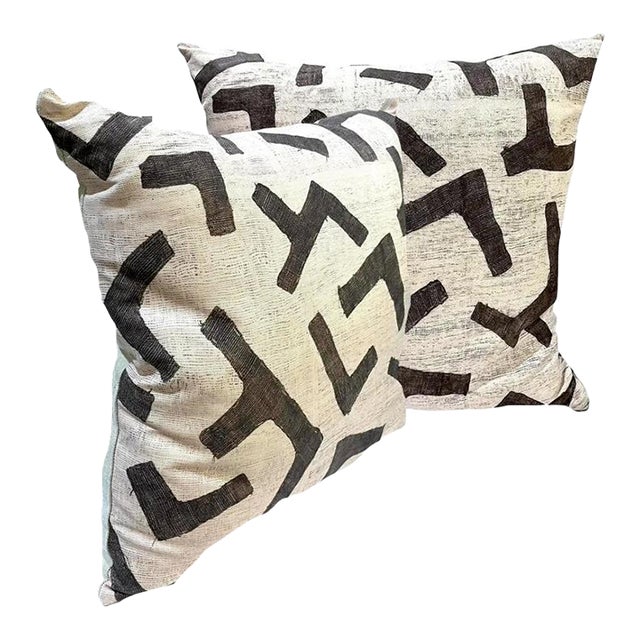 Kuba Cloth Ecru Figures Pattern Pillows by St George - Down Fill - Pair For Sale