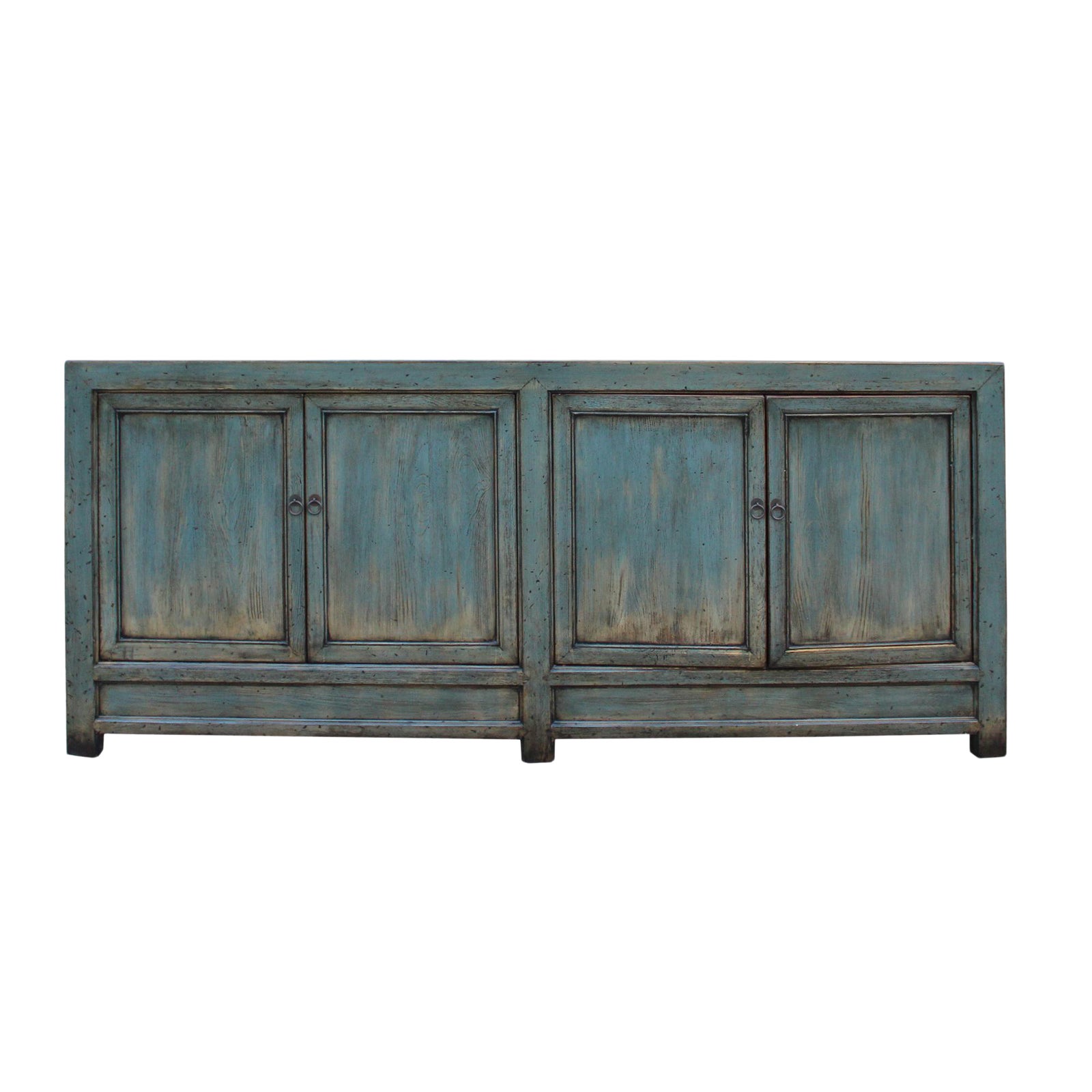 Chinese Distressed Teal Blue Lacquer Tall Long Tv Console