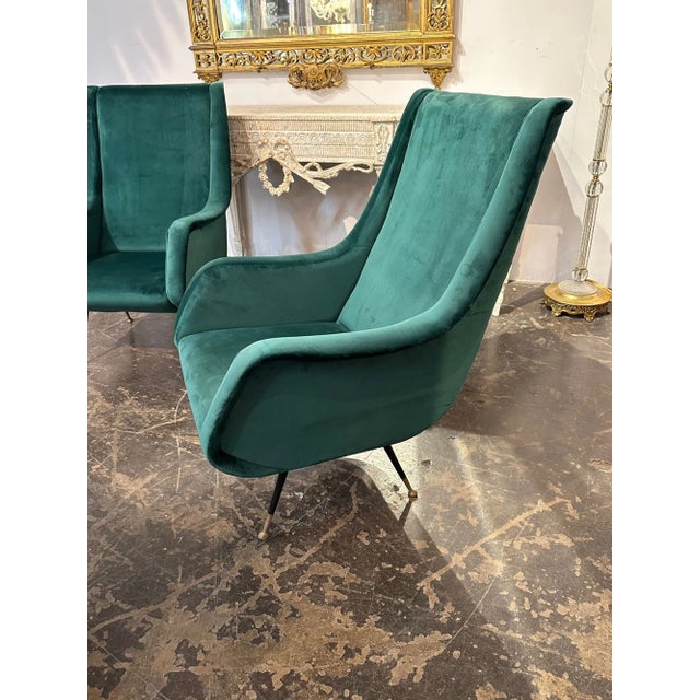 Pair of Italian Green Velvet Mid Century Modern Chairs For Sale - Image 4 of 8