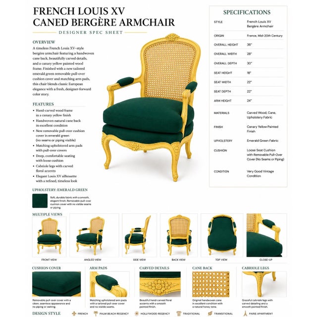 A dramatic designer interpretation of the classic French Louis XV bergère armchair featuring a canary yellow painted...