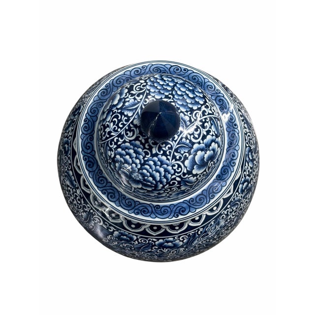 Oversized Blue & White Porcelain Temple or Ginger Jar With Crane & Peony Design For Sale - Image 4 of 4
