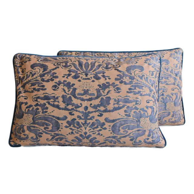 Pair custom-tailored pillows in Italian Mariano Fortuny luxurious printed cotton fabric called "Corone" with a rich blue...