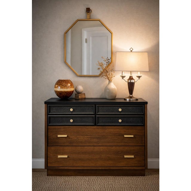 Vintage Mid-Century Walnut Dresser With Black Cane Drawer Fronts & Brass Hardware For Sale In Los Angeles - Image 6 of 7