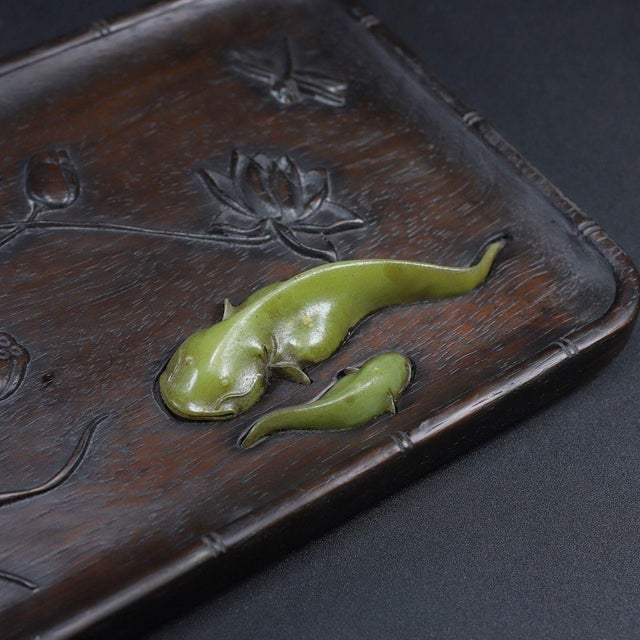 Late 20th Century Chinese Red Huali Wood Tray With Jade Inlay Lotus & Fish Motif – Handcrafted Auspicious Serving Tray For Sale - Image 5 of 10