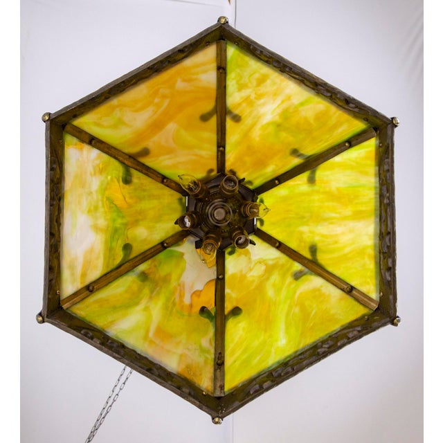 Early 20th Century Cast Bronze & Green Amber Slag Glass Hex Paneled Pendant Light For Sale - Image 4 of 13