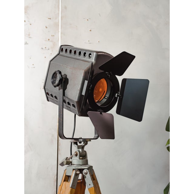 Gray Industrial Studio Spotlight Floor Lamp on Berlebach Wooden Tripod from ADB, Belgium, 1960s For Sale - Image 8 of 15