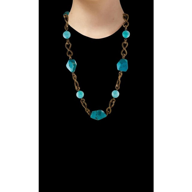 Gold 2010 Stephen Dweck Necklace Turquoise Nuggets Aqua Chalcedony 28” Bronze For Sale - Image 8 of 9