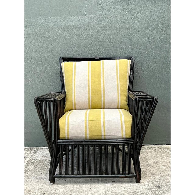 Cream Vintage Stick Rattan Lounge Chair in Ralph Lauren Cabana Stripe For Sale - Image 8 of 12
