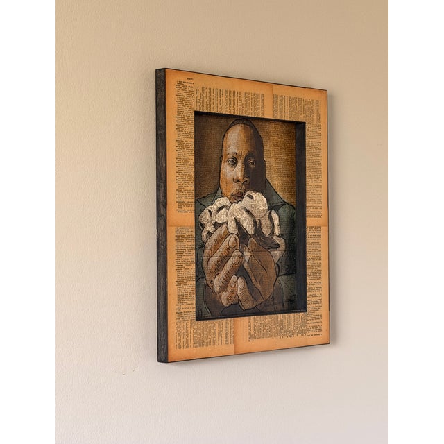 Wood Original Aaron Hequemborg “ Willie Moore Cotton” Textural Mixed Media Figural Portrait on Dictionary Pages | Shadowbox Framed Wall Art For Sale - Image 7 of 7