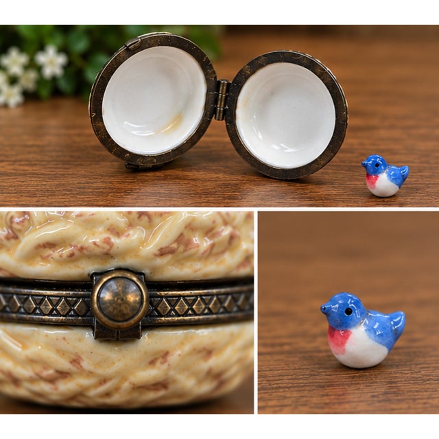 Figurative Hand-Painted Porcelain Bird Nest Hinged Trinket Box Blue Eggs & Miniature Bird For Sale - Image 3 of 4