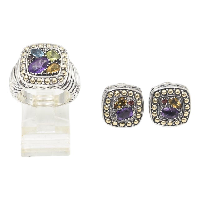 Effy Multicolored Gemstone Ring and Earring Set in Sterling Silver and 18k Gold, 3 Pieces For Sale
