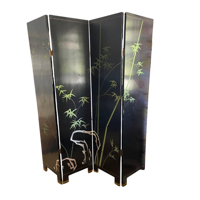 Vintage wooden carved folding room divider with floral print. Gold detailing and gold metal feet. Hinges still in tact.