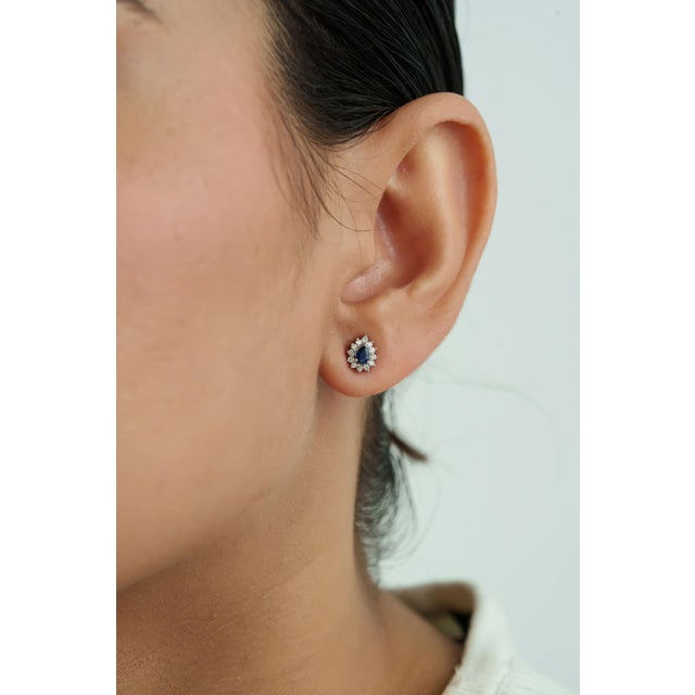 Metal Blue Sapphire & Diamond Vintage Stud Earrings in 14k Gold- 2 Pieces For Sale - Image 7 of 14