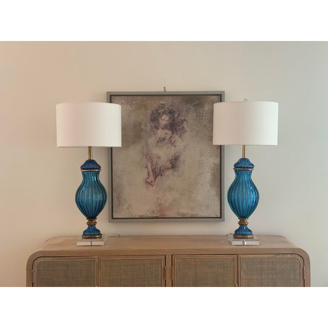 Metal Marbro Vintage Murano Glass Table Lamps – Blue For Sale - Image 7 of 12