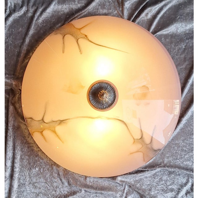 Vintage Ceiling Lamp with Patinated Metal Mounting and Pink Marbled Glass Shade by Honsel, 1990s For Sale - Image 9 of 11