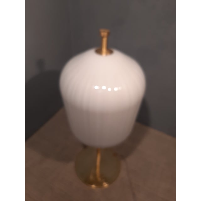 Satin Brass & Large Ribbed Milky Glass Floor Lamp For Sale - Image 12 of 17