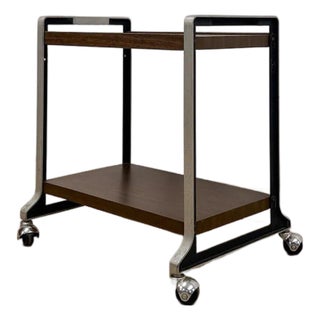 Mid Century Chrome and Wood Laminate Bar Cart, Rolling Serving Cart For Sale
