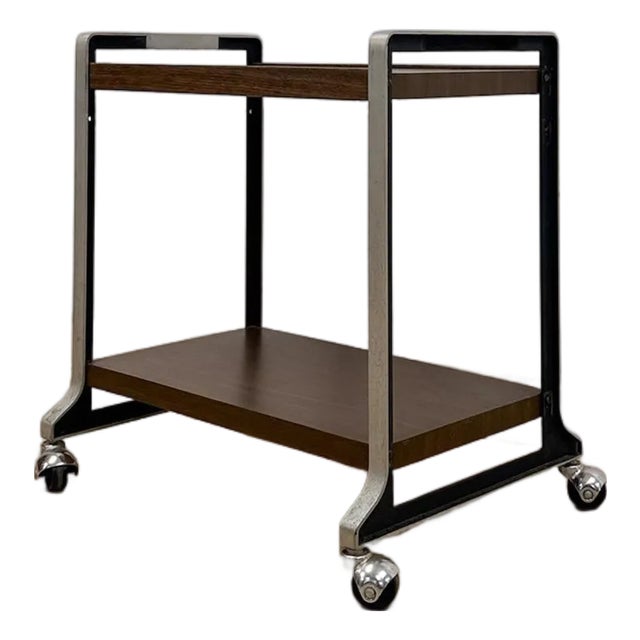 Mid Century Chrome and Wood Laminate Bar Cart, Rolling Serving Cart For Sale