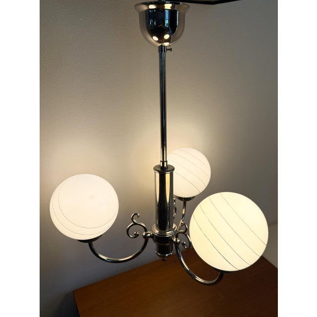 Vintage Regency Belgian Ceiling Lamp with Chrome with 3 Opaline Glass Spheres by Massive For Sale - Image 6 of 12