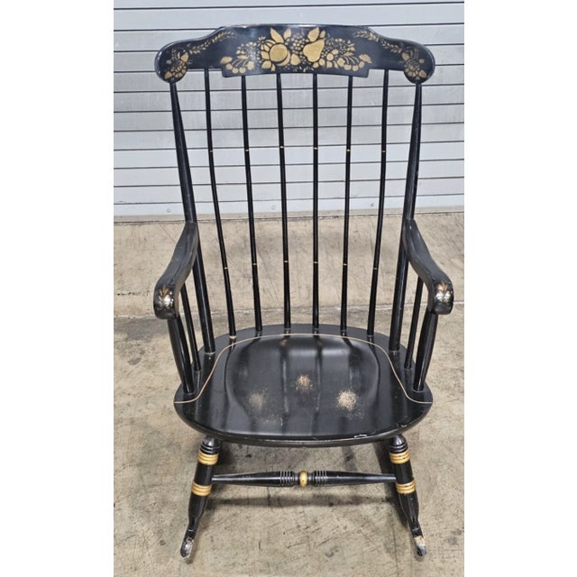 American Black Hitchcock Style Windsor Arm Rocking Chair Harvest Stencil Gold Accents For Sale - Image 3 of 8