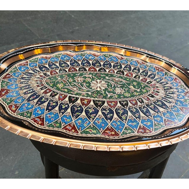 Hand Carved Colorful Copper Serving Tray with Handles For Sale - Image 9 of 11