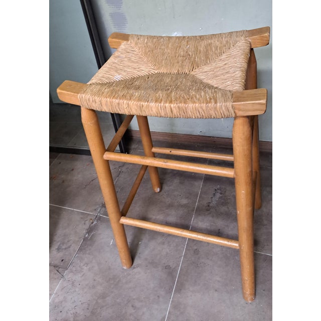 Camel Mid Century Modern 1960s Rush Tall Wood Stool Birch For Sale - Image 8 of 9