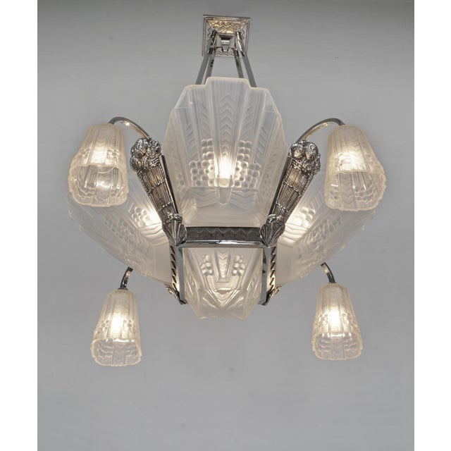 1930s Jean Gauthier Ejg French Art Deco Nickeled Bronze Geometric Chandelier 1930s For Sale - Image 5 of 11
