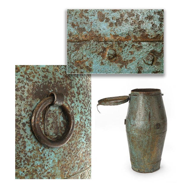 Rice reserve in patinated metal. Metal craft object. It has a large storage space. This piece is designed in the style of...