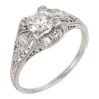 1930s Art Deco Diamond Platinum Engagement Ring, Size 6 For Sale